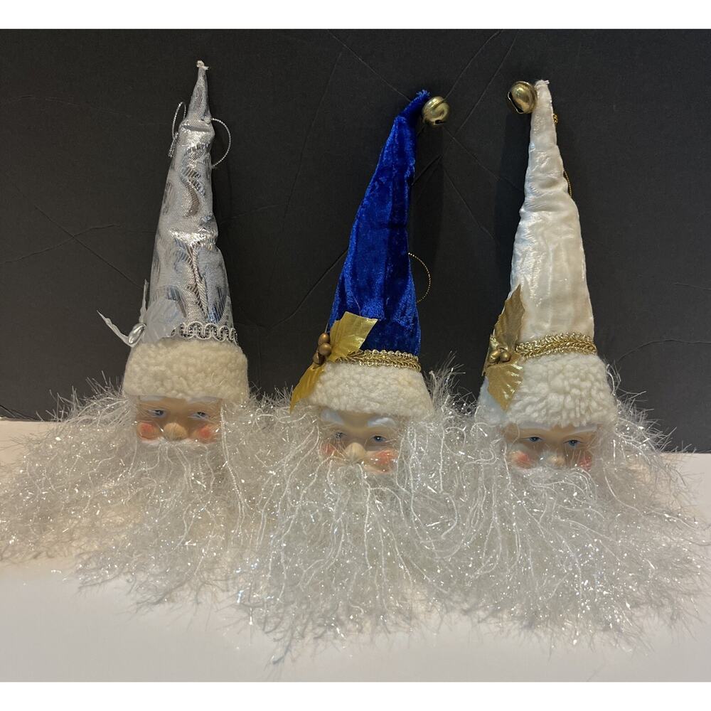 3 Santa Claus Head Porcelain Christmas Decor Ornament with White Sparkling Beard